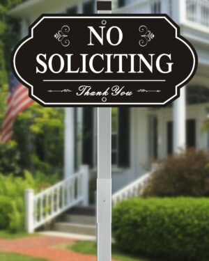 Heavy Duty No Soliciting Sign for House – All Metal Construction No Soliciting Yard Sign – 14″ x 7″ – Aluminum – with 28″ Long Stake