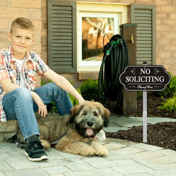 Heavy Duty No Soliciting Sign for House – All Metal Construction No Soliciting Yard Sign – 14″ x 7″ – Aluminum – with 28″ Long Stake