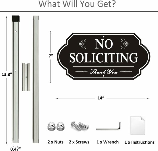 Heavy Duty No Soliciting Sign for House – All Metal Construction No Soliciting Yard Sign – 14″ x 7″ – Aluminum – with 28″ Long Stake