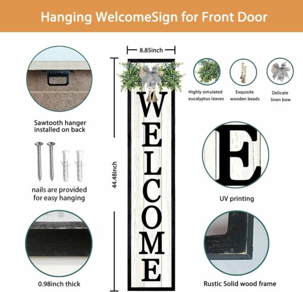 Surfapans Welcome Sign for Front porch Standing 45″X9″Large Wood Frame Outdoor Tall Welcome Signs Vertical Decor for Farmhouse Rustic Home Modern Outside Front Door Wall Decorations (Black)